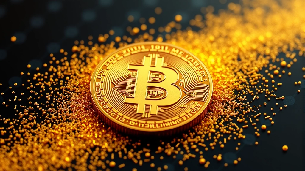 Digital illustration of Bitcoin coin splitting into 100 million tiny golden particles representing satoshis, showing the divisibility concept with soft lighting and blockchain background