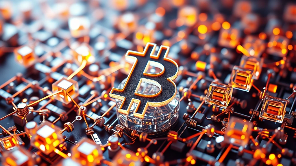 Macro photography style render of cryptocurrency blockchain infrastructure with satoshi denominations visualized as crystalline structures building a larger Bitcoin symbol, neon lighting effects, no text