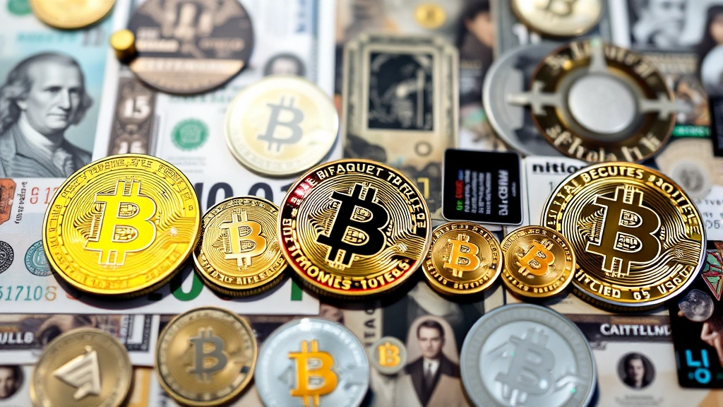 Flat lay photography of various currency denominations arranged in decreasing size order, transitioning from Bitcoin to satoshi units, with holographic crypto aesthetic