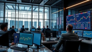 Modern cryptocurrency trading floor with multiple monitors displaying Bitcoin charts and blockchain data, professional traders in business attire analyzing market data, sleek glass and steel office environment with digital displays showing network activity and transaction flows