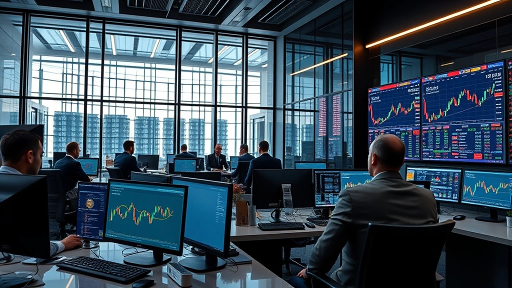 Modern cryptocurrency trading floor with multiple monitors displaying Bitcoin charts and blockchain data, professional traders in business attire analyzing market data, sleek glass and steel office environment with digital displays showing network activity and transaction flows