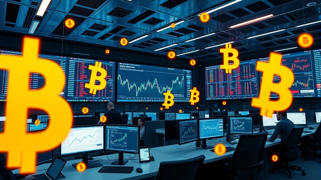 Modern cryptocurrency trading floor with digital Bitcoin symbols and blockchain network visualizations, institutional traders in professional attire monitoring multiple screens displaying market data, sleek corporate office environment with cryptocurrency infrastructure