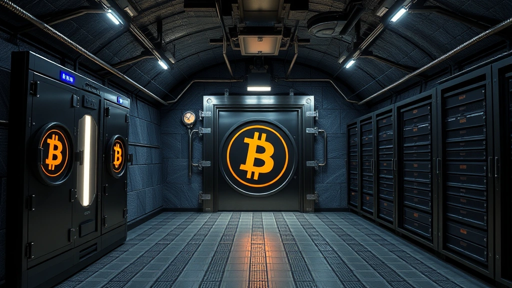Secure underground Bitcoin vault with advanced security features including biometric scanners, reinforced steel doors, LED security lights, and server racks, representing institutional-grade cryptocurrency custody and cold storage infrastructure