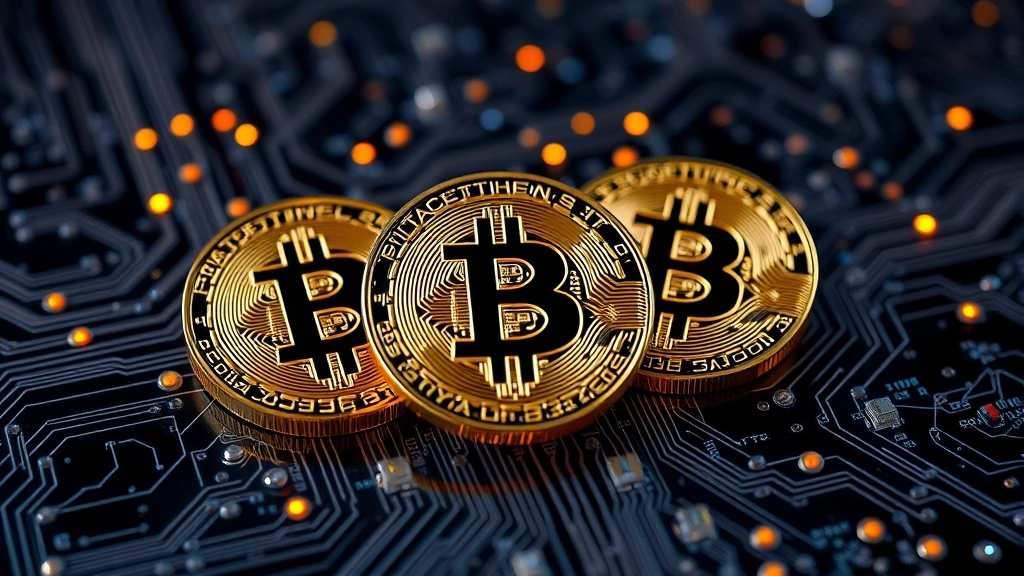 Physical Bitcoin coins arranged on a digital circuit board with glowing network nodes, representing institutional custody and blockchain technology integration, professional financial photography with emphasis on security and technology