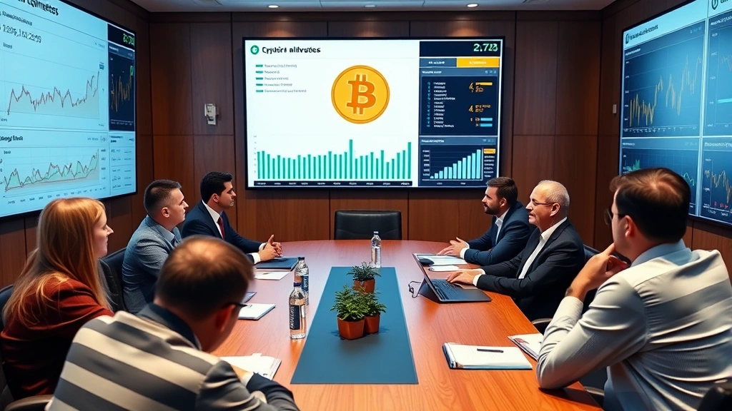 Diverse group of institutional investors in a conference room reviewing Bitcoin and cryptocurrency portfolio allocations on large digital displays, showing charts, compliance documents, and risk analysis dashboards with professional financial presentations