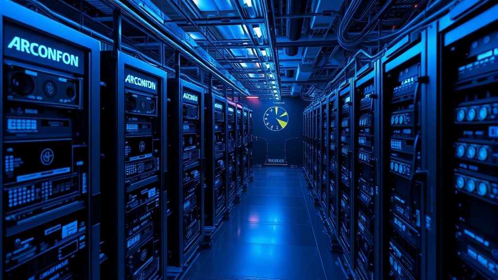 Futuristic mining operation with rows of specialized ASIC hardware under blue-tinted industrial lighting, cables and cooling systems visible, no text or charts visible