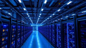 Photorealistic image of a large-scale Bitcoin mining facility with rows of ASIC mining rigs, blue LED lights, industrial cooling systems, and modern server infrastructure in a well-organized warehouse setting