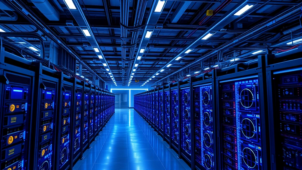 Photorealistic image of a large-scale Bitcoin mining facility with rows of ASIC mining rigs, blue LED lights, industrial cooling systems, and modern server infrastructure in a well-organized warehouse setting