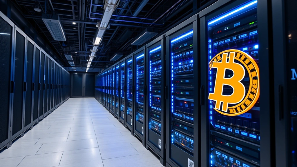 Photorealistic image of modern Bitcoin ASIC mining hardware in a professional data center facility with blue LED lights and cooling systems, showing rows of mining computers, no text or charts visible