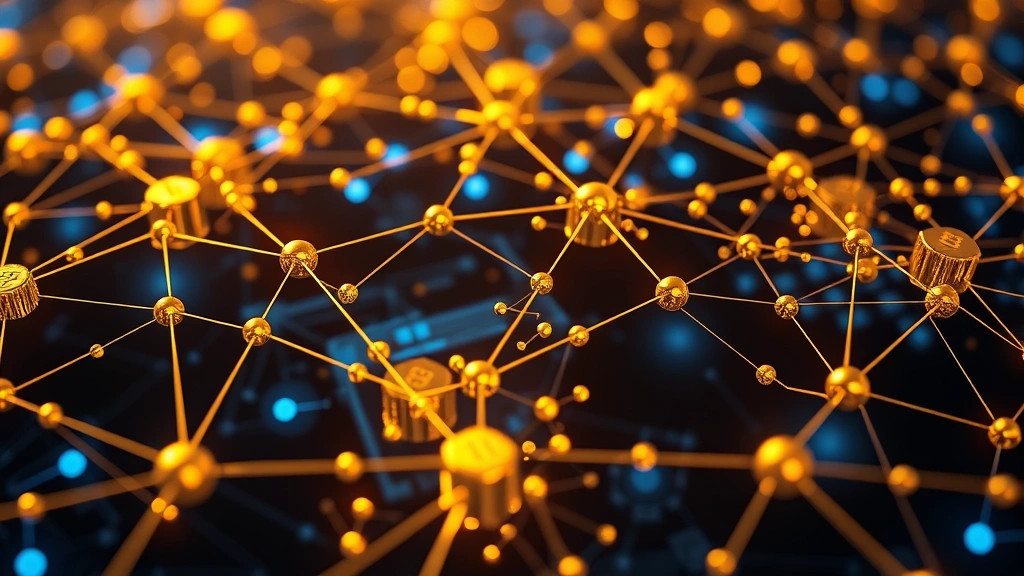 Blockchain visualization showing interconnected nodes and cryptographic chains in gold and blue tones, representing bitcoin network security and distributed ledger technology