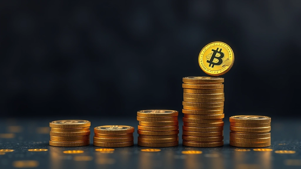 Digital representation of scarce resources with diminishing golden coins stacked in decreasing quantities, symbolizing bitcoin's finite supply and deflationary properties