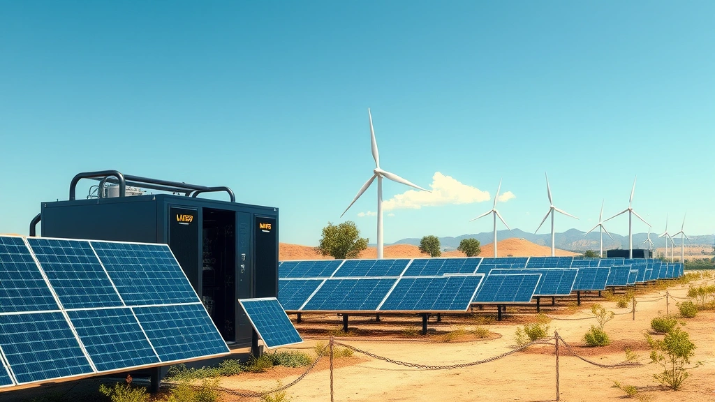 Photorealistic image of a cryptocurrency mining farm powered by renewable energy, showing solar panels and wind turbines alongside modern mining equipment, demonstrating sustainable mining operations