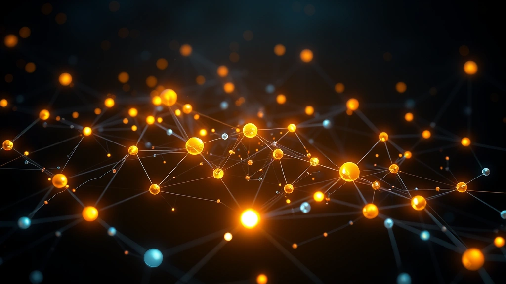 Photorealistic image of a blockchain visualization showing Bitcoin network nodes and connections glowing in a dark space, representing distributed mining and security, no text or data labels