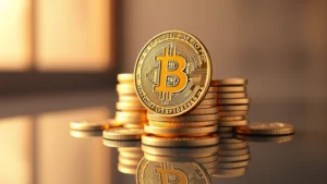Photorealistic image of Bitcoin coins stacked on a reflective surface with warm lighting, showing the physical representation of digital wealth and cryptocurrency accumulation over time