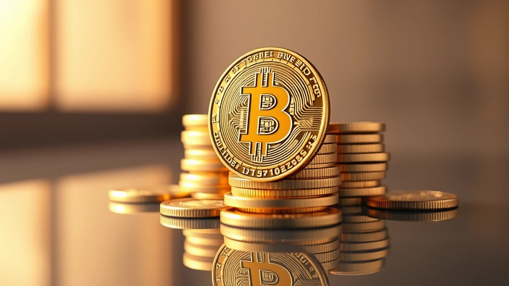 Photorealistic image of Bitcoin coins stacked on a reflective surface with warm lighting, showing the physical representation of digital wealth and cryptocurrency accumulation over time