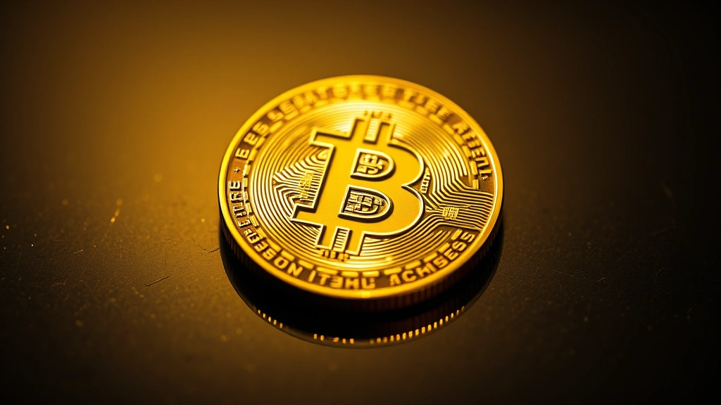 Close-up of Bitcoin coin reflecting golden light on dark reflective surface, photorealistic macro photography showing intricate details and depth of field
