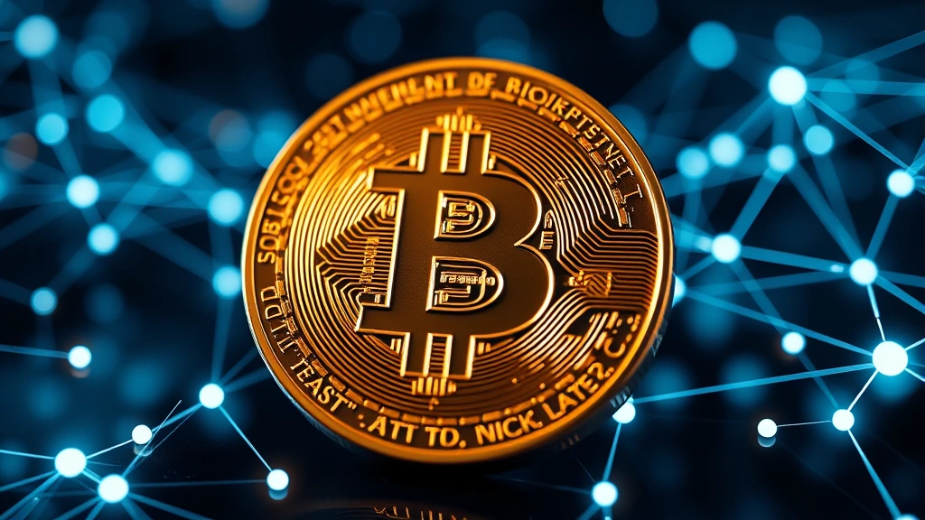 Photorealistic close-up of physical Bitcoin coin with holographic blockchain network visualization in background, showing interconnected digital nodes and glowing transaction paths