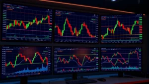 Photorealistic image of cryptocurrency trading dashboard with bitcoin charts and market data displayed on multiple screens, showing candlestick patterns and price movements, no text visible