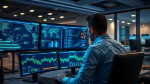 Photorealistic image of a person analyzing blockchain data on multiple computer monitors displaying cryptocurrency networks and transaction flows, modern office setting with blue and green holographic displays