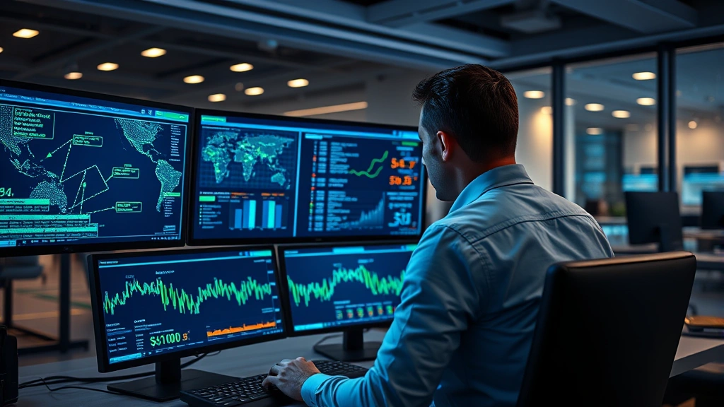 Photorealistic image of a person analyzing blockchain data on multiple computer monitors displaying cryptocurrency networks and transaction flows, modern office setting with blue and green holographic displays