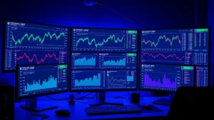 Photorealistic image of a modern computer setup with multiple monitors displaying cryptocurrency price charts and blockchain data, illuminated by soft blue light, showing a professional trading environment with financial dashboards