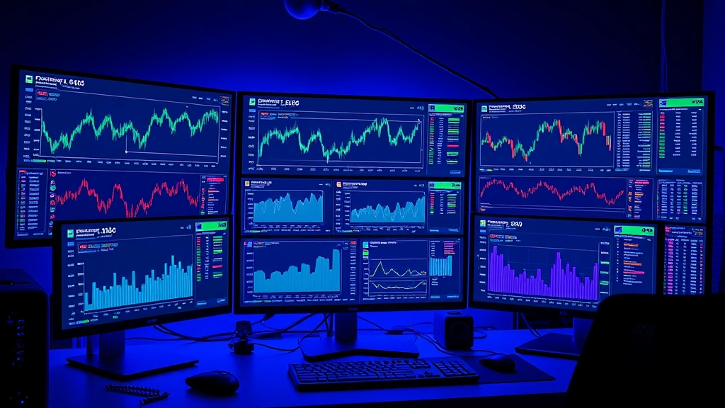 Photorealistic image of a modern computer setup with multiple monitors displaying cryptocurrency price charts and blockchain data, illuminated by soft blue light, showing a professional trading environment with financial dashboards