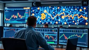 Professional trader monitoring Bitcoin price charts on multiple screens in a modern office with blockchain network visualization in background, photorealistic lighting, no text or numbers visible