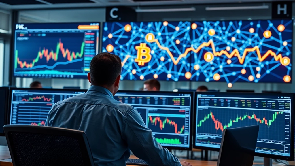 Professional trader monitoring Bitcoin price charts on multiple screens in a modern office with blockchain network visualization in background, photorealistic lighting, no text or numbers visible
