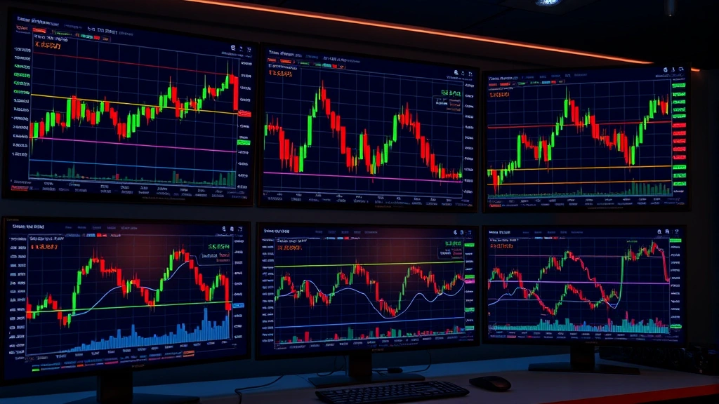 Photorealistic image of cryptocurrency trading dashboard with bitcoin charts and market data displayed on multiple screens, showing candlestick patterns and price movements, no text visible