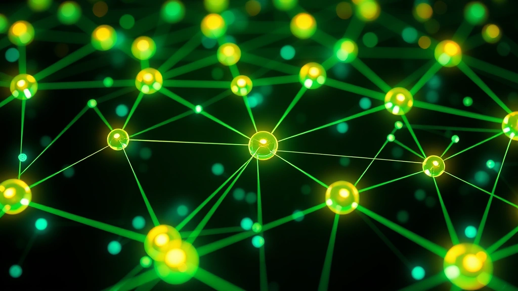 Digital blockchain network visualization with glowing nodes and connecting lines representing cryptocurrency transactions and distributed ledger technology