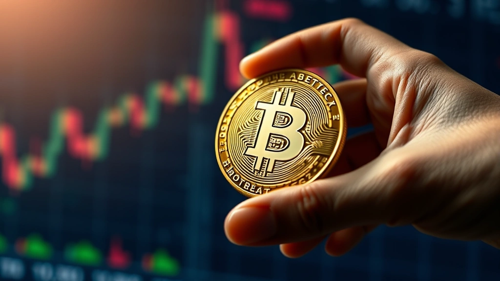 Photorealistic photo of a hand holding a physical Bitcoin coin with a blurred cryptocurrency exchange chart background, professional lighting emphasizing the metallic texture of the coin
