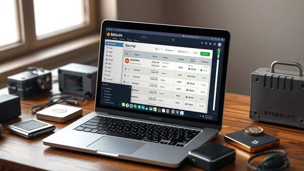 Photorealistic photograph of an open laptop displaying a Bitcoin wallet interface with security features visible, surrounded by cryptocurrency hardware wallets and secure storage devices on a wooden desk