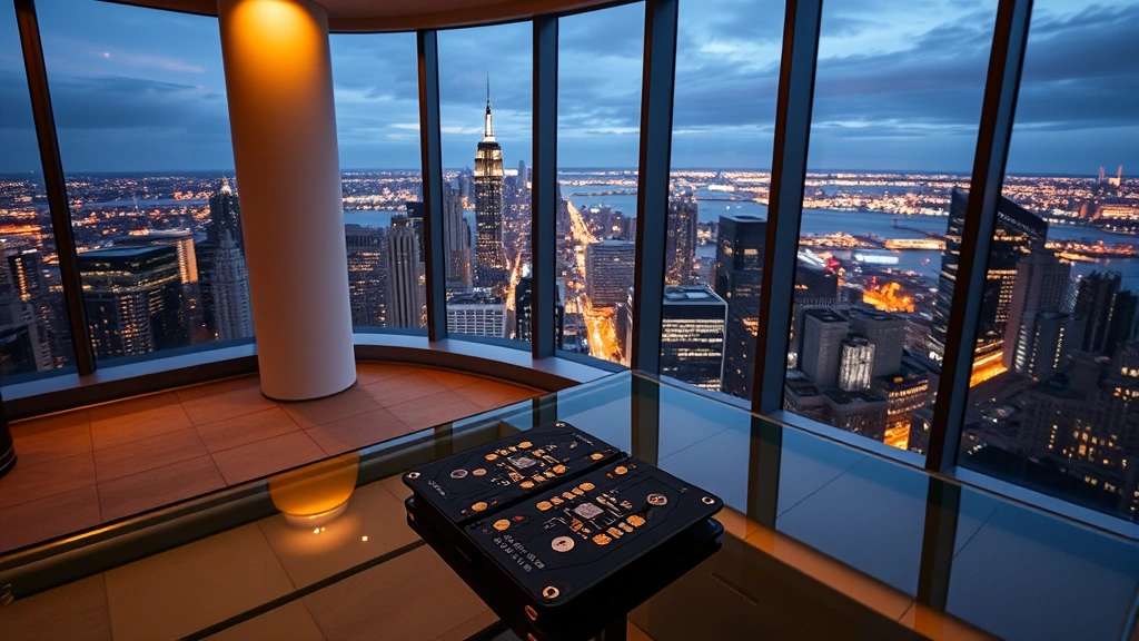 Luxury penthouse apartment with floor-to-ceiling windows overlooking city skyline at night, modern minimalist decor with cryptocurrency hardware wallet on glass desk, warm ambient lighting