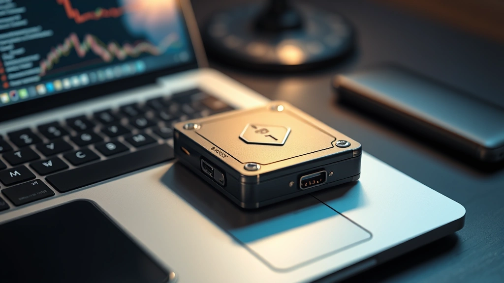 Photorealistic photograph of a secure hardware wallet device resting on a desk next to a laptop computer, representing cryptocurrency security and asset management, professional lighting