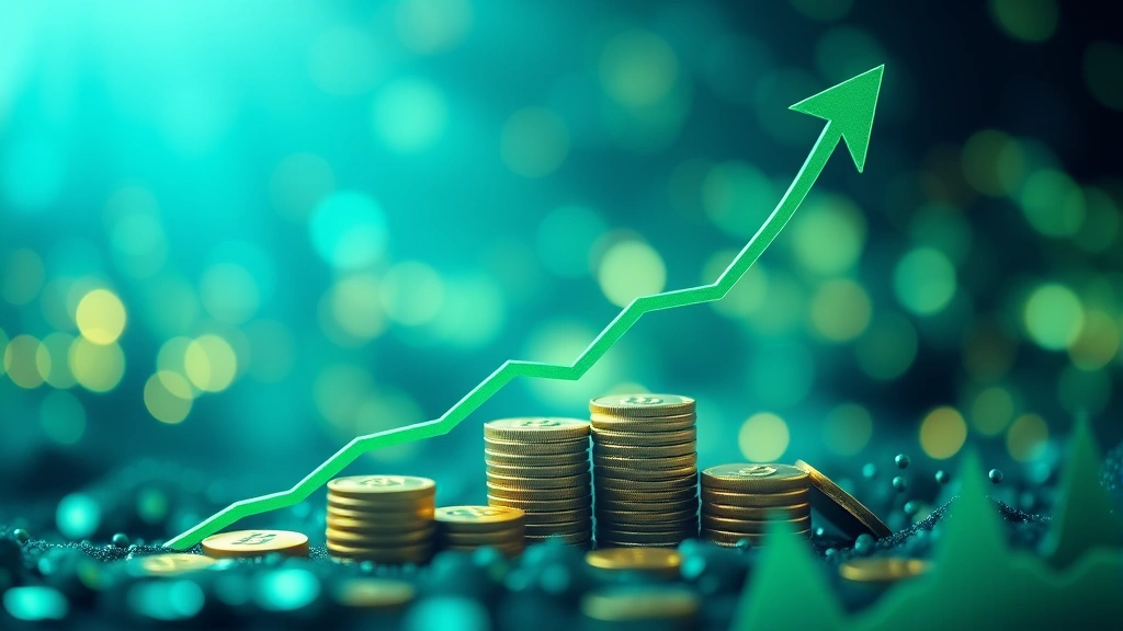 Abstract representation of wealth accumulation showing upward trending financial growth patterns in blue and green hues with bokeh cryptocurrency elements