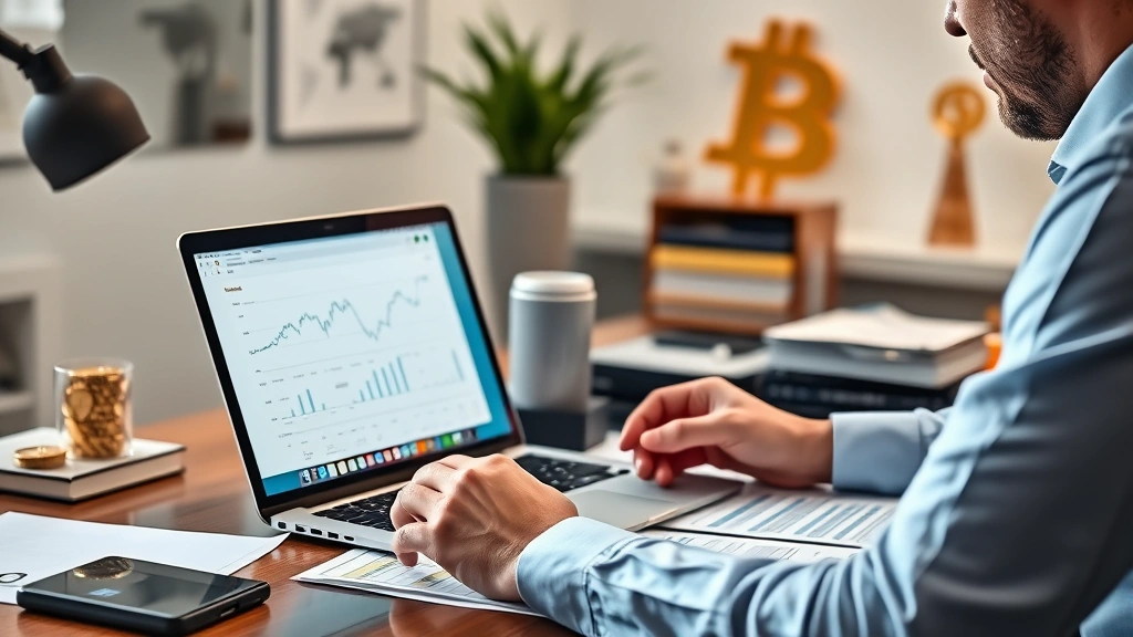 Photorealistic image of a person reviewing financial documents and charts on a desk with a laptop showing cryptocurrency portfolio data, professional workspace with bitcoin-themed decorative elements in background