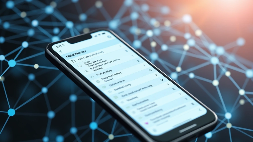 Photorealistic image of a digital wallet or ledger on a smartphone screen with blockchain network visualization in the background, showing interconnected nodes and data transfer, representing cryptocurrency security and transactions