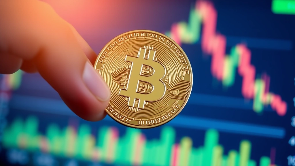 Close-up of physical Bitcoin coin in hand with blurred cryptocurrency exchange interface and candlestick charts in soft-focus background, warm professional lighting, no readable text