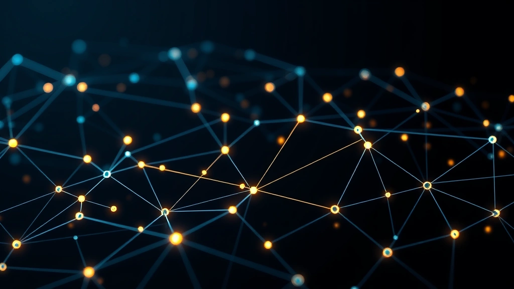 Photorealistic image of a digital blockchain network visualization with interconnected nodes and data flows, representing bitcoin's decentralized architecture, glowing network lines on dark background