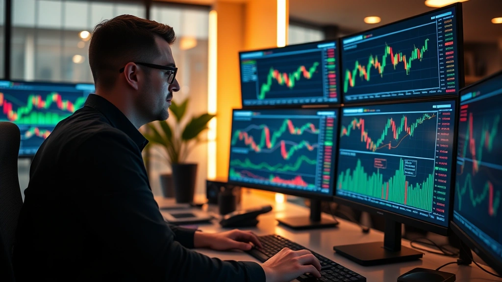 Cryptocurrency trader analyzing Bitcoin options charts on multiple monitors with candlestick patterns and volatility indicators glowing on screens in modern trading office