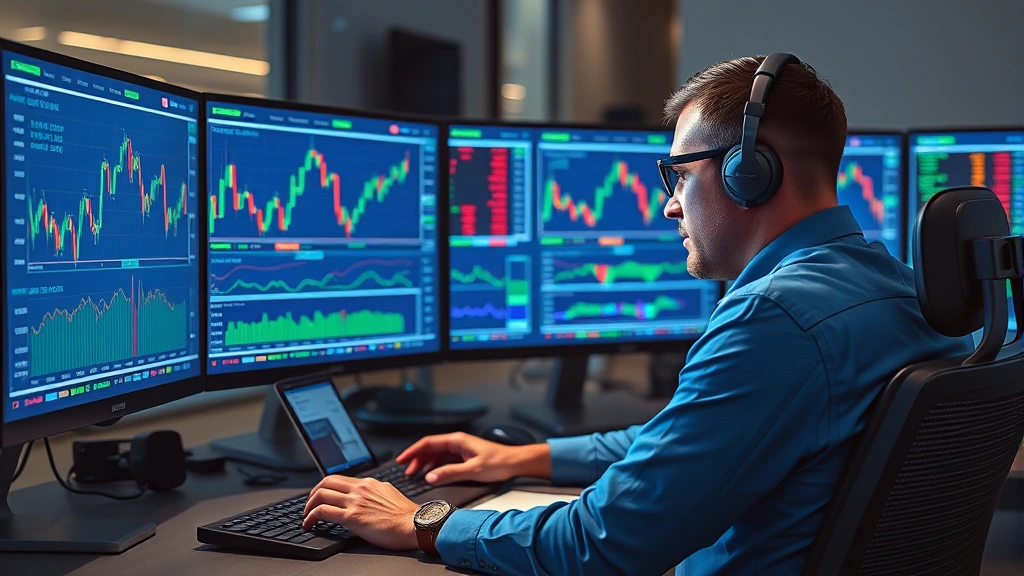 Photorealistic image of a professional trader analyzing Bitcoin option Greeks (delta, gamma, theta, vega) on multiple high-resolution monitors with candlestick charts and option chain data visible, modern trading desk setup, blue and green color scheme, no text or numbers visible