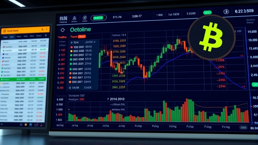Photorealistic image of a secure digital trading platform interface showing Bitcoin options trading, with order books and position management tools, professional financial environment, cryptocurrency-focused aesthetic, no readable text or ticker symbols