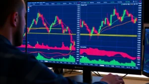 A digital trader monitoring multiple cryptocurrency price charts on a computer screen displaying Bitcoin candlestick patterns with red downward trending lines, showing real-time market data with dramatic price movements