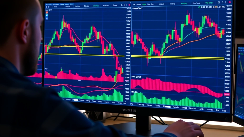 A digital trader monitoring multiple cryptocurrency price charts on a computer screen displaying Bitcoin candlestick patterns with red downward trending lines, showing real-time market data with dramatic price movements