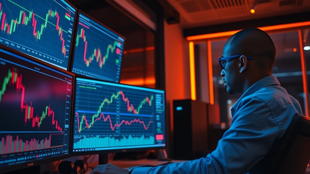 Cinematic photograph of a cryptocurrency trader analyzing Bitcoin charts on multiple high-resolution monitors displaying candlestick patterns and technical indicators in a modern trading office environment with dramatic blue and orange lighting