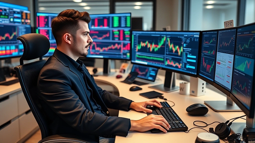 A professional cryptocurrency trader in a modern office workspace sitting at a desk with multiple monitors displaying blockchain data, trading terminals, and market analysis dashboards, appearing focused and analytical