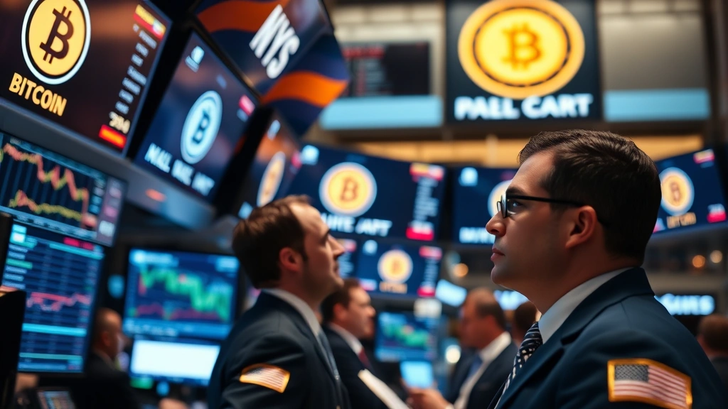Professional stock exchange floor atmosphere with traders intensely focused on real-time Bitcoin market data, showing live price tickers and market depth information on digital displays, captured with shallow depth of field