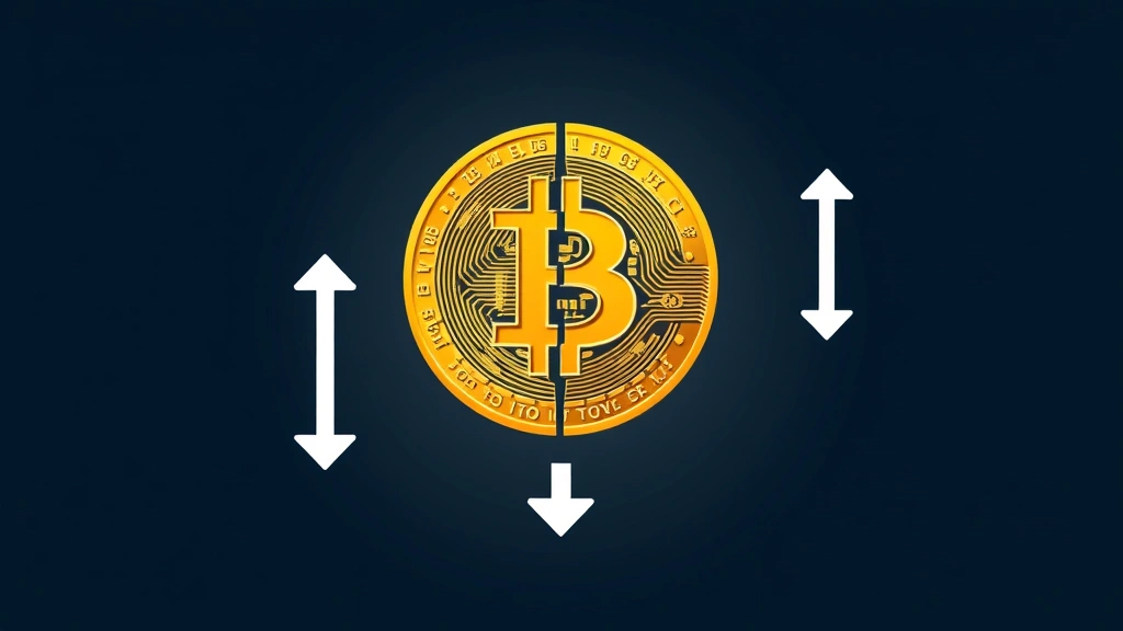 An abstract visualization of a Bitcoin coin split in half with descending arrows and downward graph elements, representing the concept of shorting cryptocurrency in a clean, modern digital art style