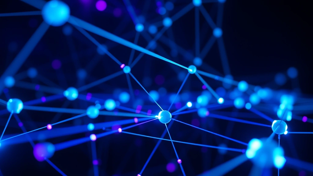 Close-up of blockchain network visualization showing interconnected nodes and Bitcoin transactions flowing through a digital network, with glowing lines representing data flow and transaction settlement in dark environment with cyan and purple lighting