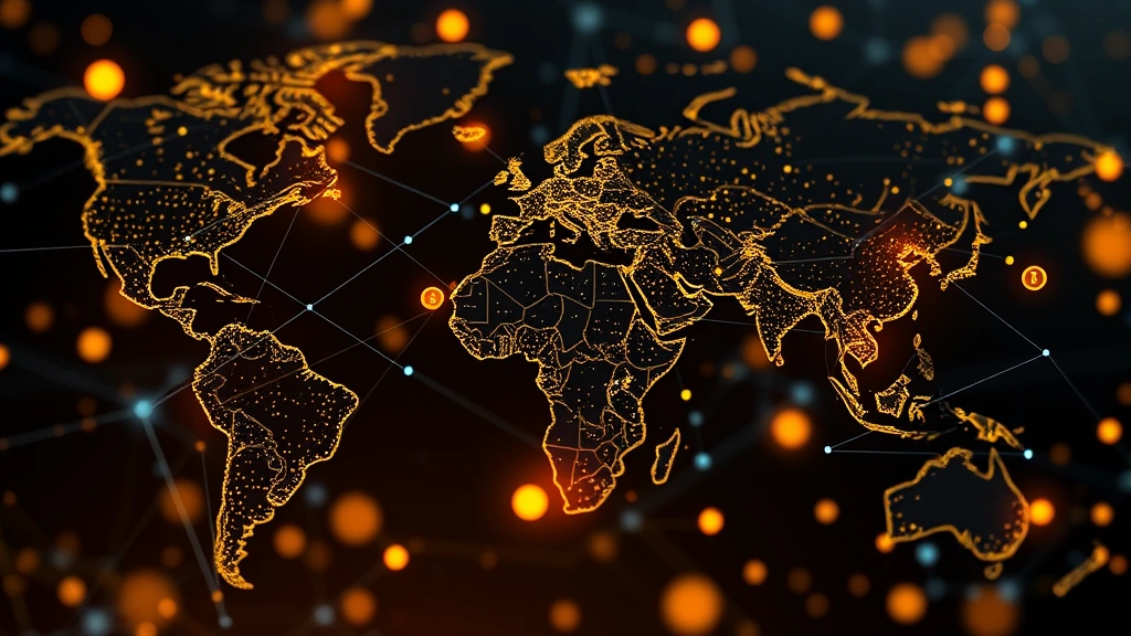 Photorealistic image of global cryptocurrency market activity with digital blockchain network visualization, interconnected nodes representing worldwide financial systems and digital currency transactions flowing across continents in real-time